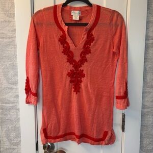 Soft Surroundings linen blend embroidered tunic shirt coral red beachy XS